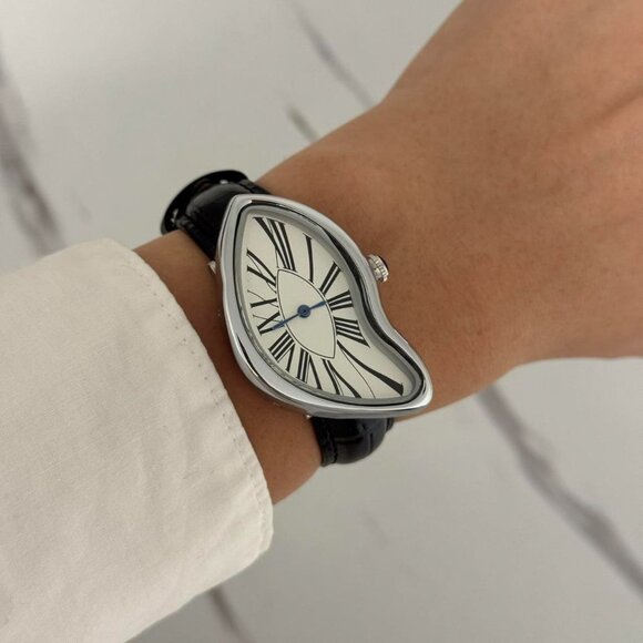 Sku:0213 vintage vibe retro silver white watch with black leather strap+Gift bag main image 8